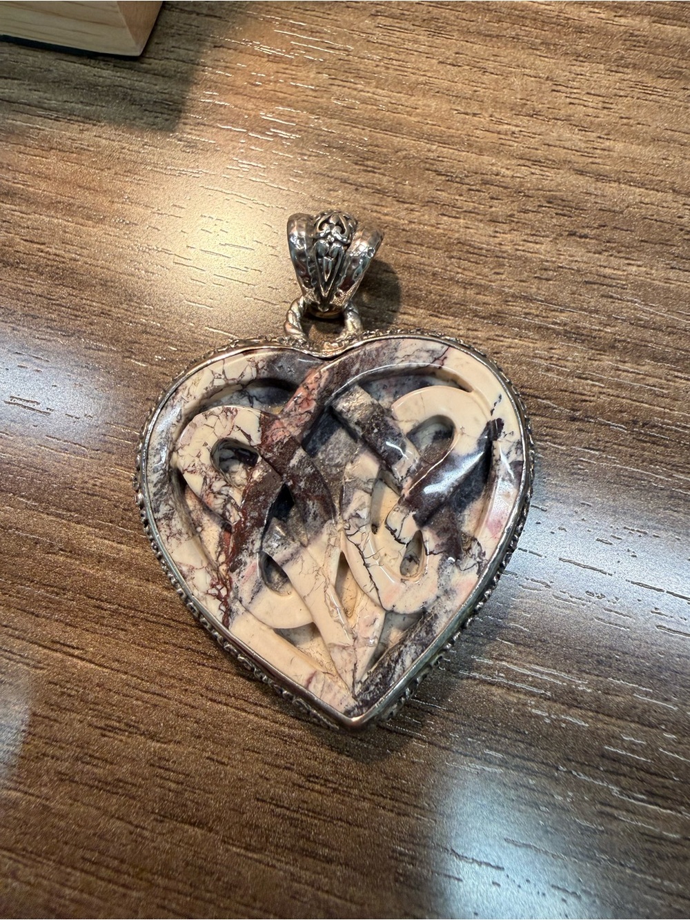 Heart-Shaped Porcelain Jasper Stone Pendant Necklace - Cream & pinkish brown